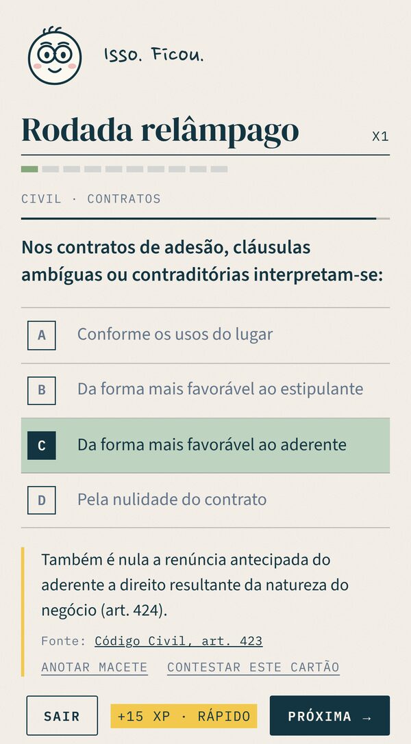 Tela do Estalo com uma questão de Direito Civil respondida e o fundamento legal