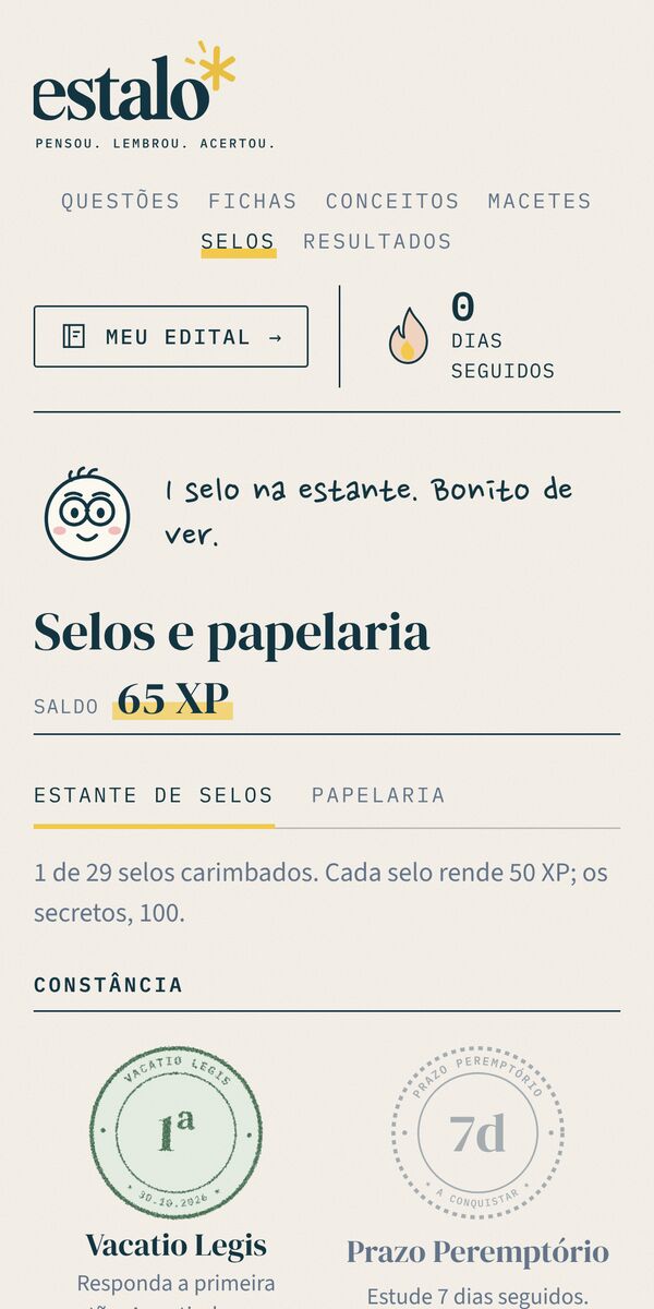 Estante de selos e papelaria